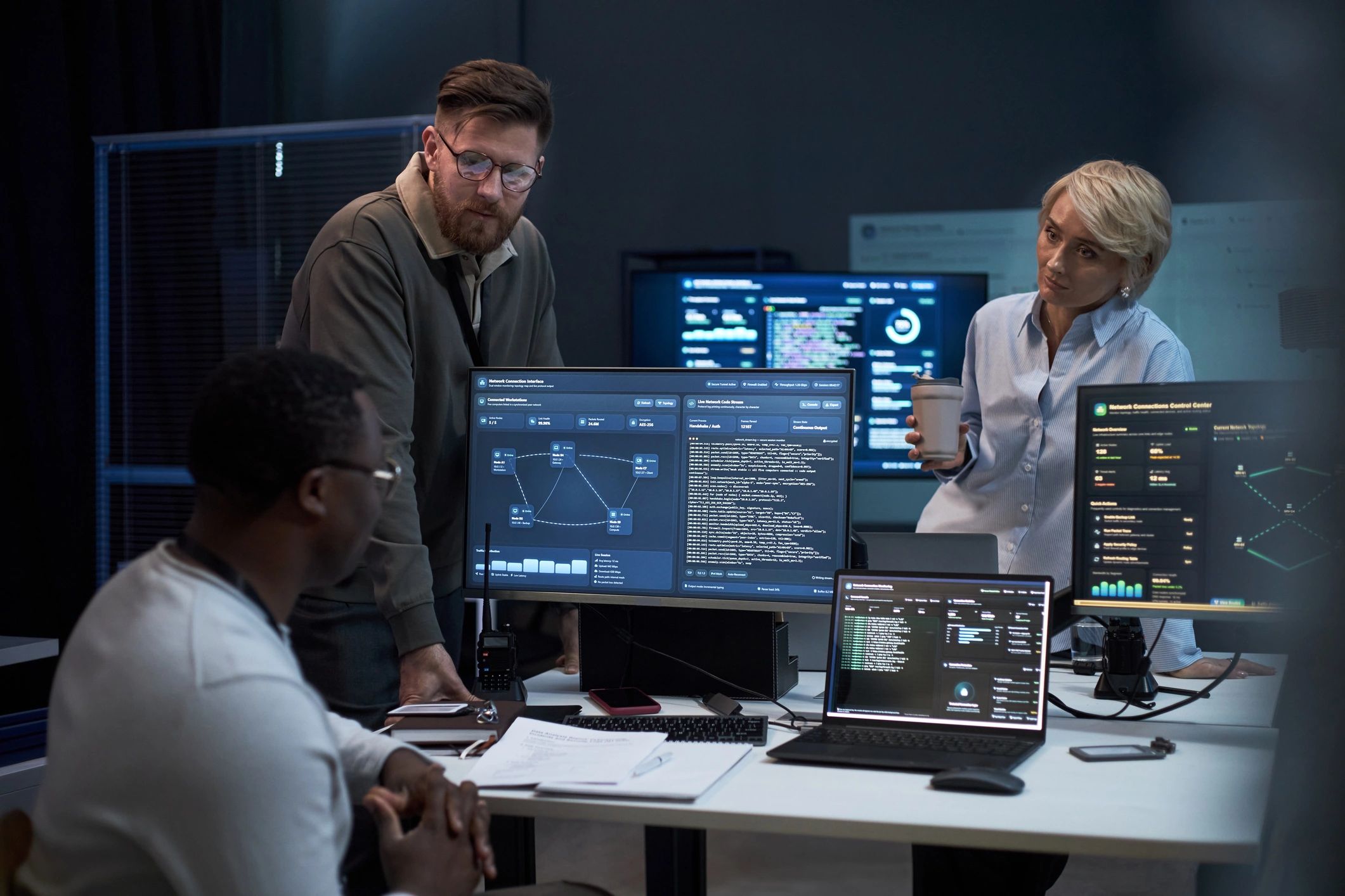 IT team reviewing network and cybersecurity data in an operations center